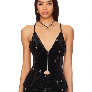 WeWoreWhat Black Velvet corset with Floral Embroidery
